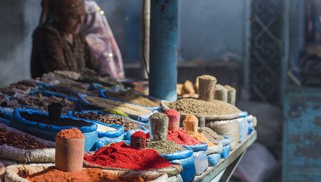 Beautiful vivid oriental market with bags full of various spices in Osh Kyrgyzstan.