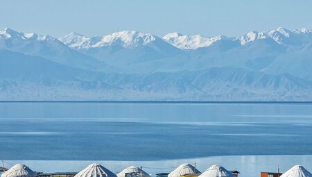 Yurt camp on the shore of Issyk Kul Lake in Kyrgyzstan