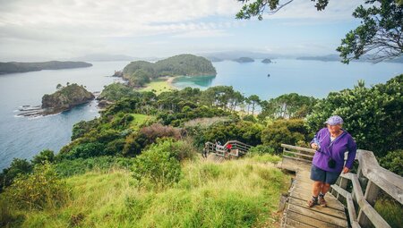 Intrepid travellers hiking in the Bay of Islands on the North island of New Zealand