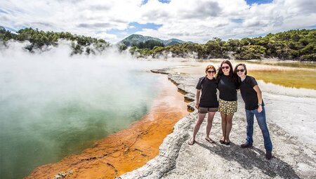 Group near the geothermal pools in Rotorua, North Island, New Zealand