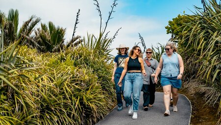 Group of smiling travellers walking on path surrounded by greenery in Punakaiki, New Zealand