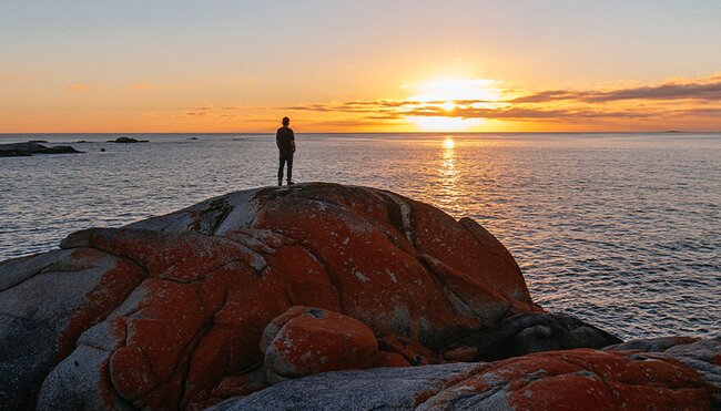 Traveller admiring sunset over the Bay of Fires, Tasmania, Australia