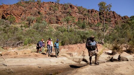 Leader Benji heads a group of Intrepid travellers crossing a small stream in Yapulpa (Glen Helen Gorge