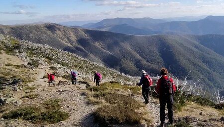 Group hiking across mountains in the Victorian High Country, Australia