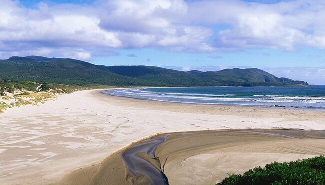 View of Cloudy Bay on a sunny day in Bruny Island, Tasmania, Australia