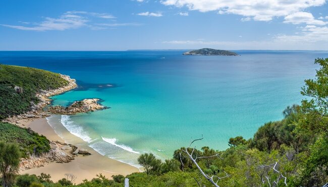 Panoramic view of Squeaky Beach in Wilons Promontory National Park, Victoria