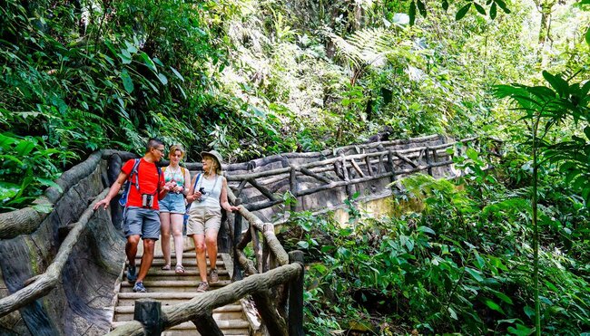 Traveller group with leader walking along bridge at La Fortuna Waterfall, Costa Rica