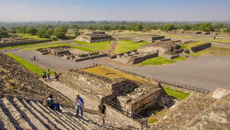 QBPM - Aerial view of people climbing the steps of Teotihuacan temple in Mexico