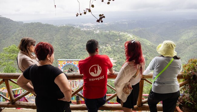 Intrepid leader and group looking out over Guatemala's highlands near Chichicastenango