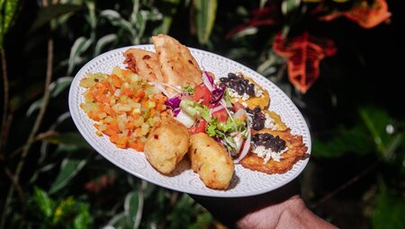 Fresh cooked mixed plate of Costa Rican food after a cooking session