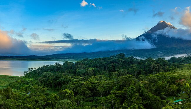 Panoramic view of Arenal Volcano and lake in central Costa Rica