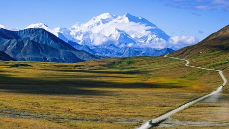 Aerial view of road leading up to Denali National Park, Alaska, U.S.A.