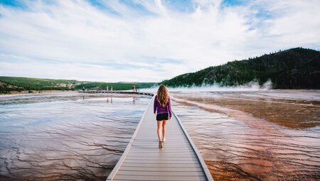 Traveller walking through the Midway Geyser Basin on a wooden walkway with wet mineral layers beneath