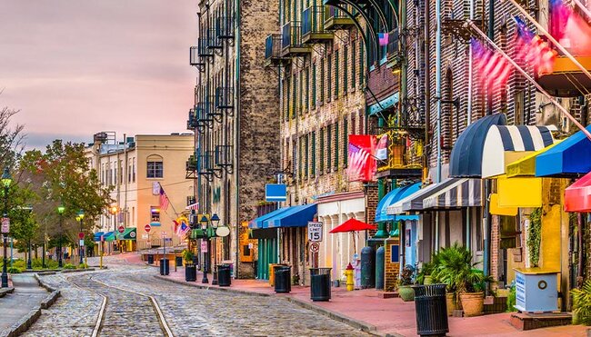 View of River Street, famous row of restaurants in Savannah, GA