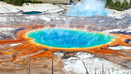 Grand Prismatic Spring seen from hiking trail in Yellowstone National Park in USA