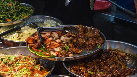 Assortment of meat and vegetable street food in Singapore