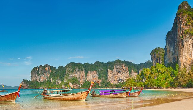 Panorama of Railay Beach with Thai boats, Thailand