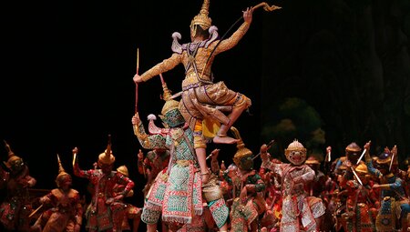 Experience the incredible drama and costuming of the Ramayana Epic during a Khon Performance at Chalerm Krung Royal Theatre