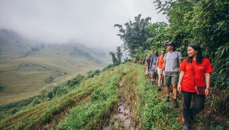 Travellers hiking through Sapa rice fields in northern Vietnam