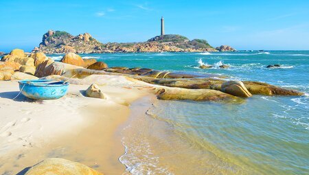 Coastal view of the famous Ka Ga lighthouse and beach, Vietnam along an Intrepid Travel tour