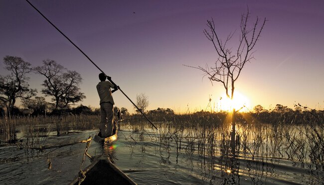 Cruising down the Okavango Delta at dusk, South Africa