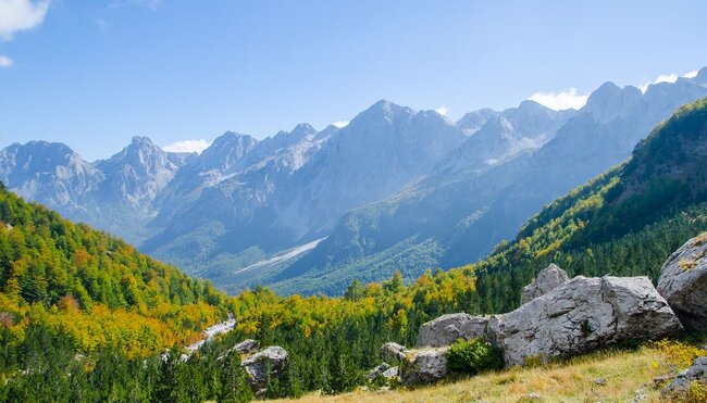 Hillside hiking panorama Valbona Valley and Theth National Park in the Albanian Alps