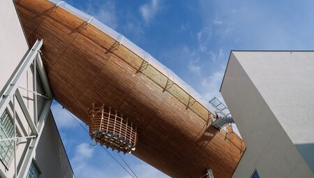 The Zeppelin exhibition hall atop the DOX Centre for Contemporary Art in Prague, Czechia