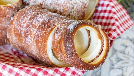 Sweet sugared spiral cut chimney cakes from Transylvania