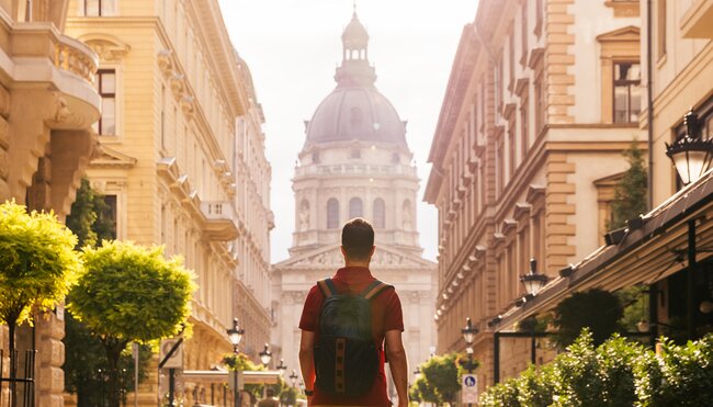 Traveller approaches St Stephen's Basilica down a planted street in Budapest in summer