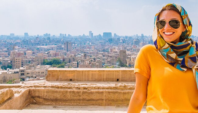 Traveller enjoys rooftop panoramic views of Cairo
