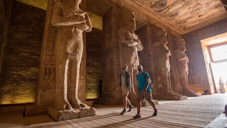 Intrepid travellers walking into the Abu Simbel Temples in Egypt