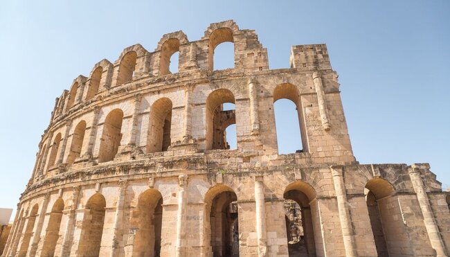 Facade of the El Jem Ampitheater in El Djem, Tunisia