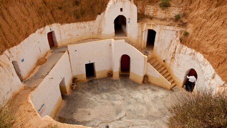 A troglodyte cave home in Matmata, kept cool by its depth below the desert ground level of Tunisia
