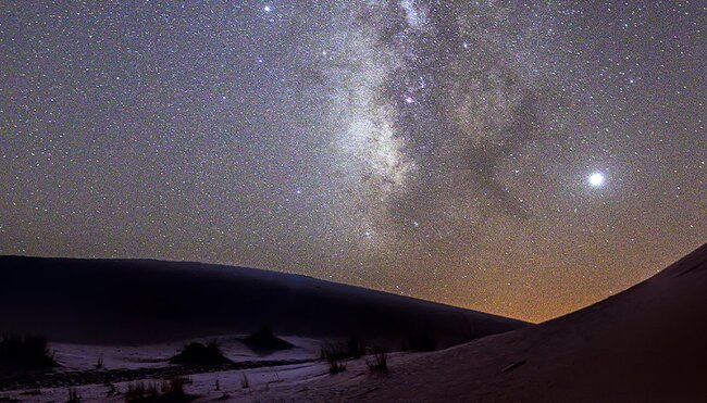 Traveller enjoying the Milky Way in the Sahara, Morocco