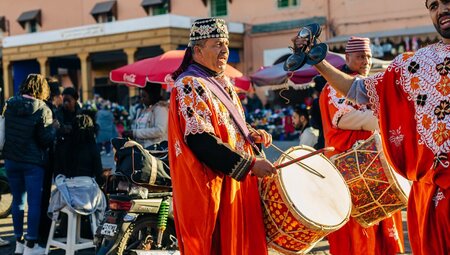 Musicians play traditional music in the streets of Marrakech, Morocco