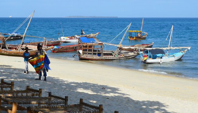 Fishing boats moored on the beaches of Zanzibar