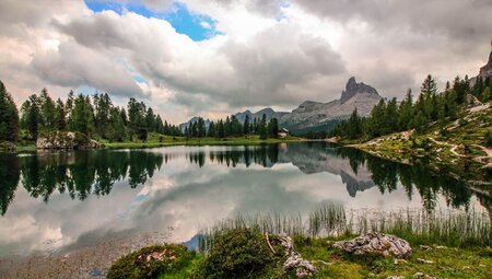 Becco di Mezzodi towers beyond Federa Lake in the Italian Dolomites