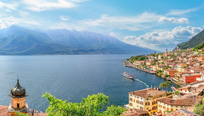 A sunny day over Lake Garda in the mountains of Italy