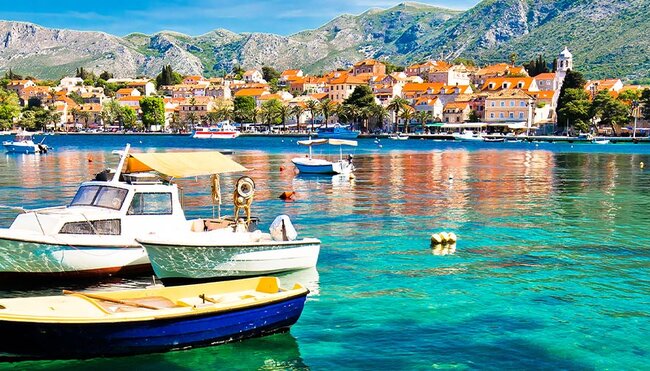 View of Cavtat waterfront and surrounding boats, Croatia