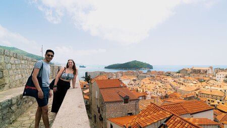 Intrepid travellers enjoy the view from Dubrovnik's city walls in Croatia