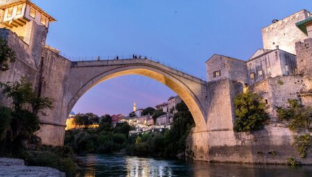 Iconic 14th century Mostar Bridge in Bosnia and Herzegovina in the evening