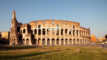 Wide view of the Colosseum in Rome, Italy during the golden hour of light