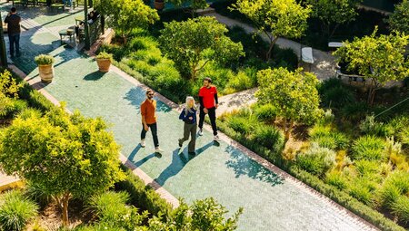 Intrepid travellers and leader walk through Le Jardin Secret in Marrakech, Morocco