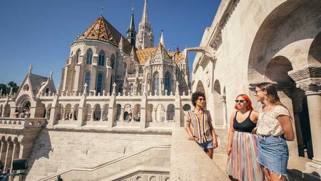 Travellers take in the views from the Fishermans bastion balcony