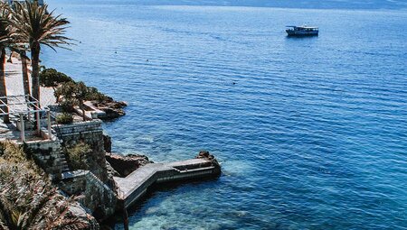 Coast of Dubrovnik with palm trees and boardwalk