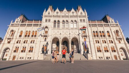 Travellers with Leader at Parliament building in Budapest, Hungary
