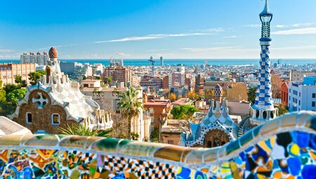 Barcelona, Spain, cityscape seen from one of Gaudi's mosaic-tiled buildings