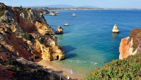 Looking down on stairs heading to Camilo Beach, Lagos, in the Algarve, Portugal