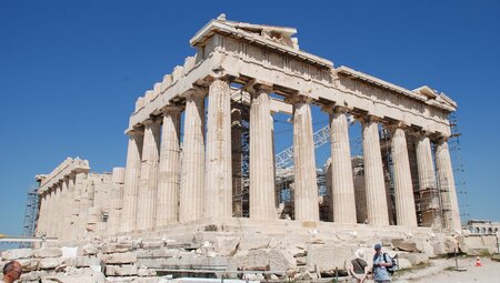 Intrepid travellers pause to take in the scale of the Parthenon in the Acropolis in Athens