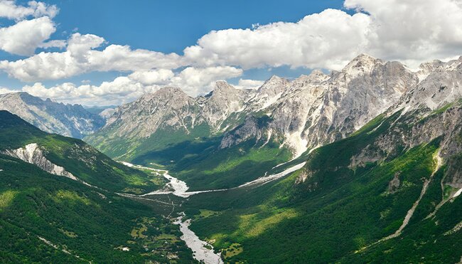Panoramic view of the Albanian Alps and Valbona Valley landscape, Albania